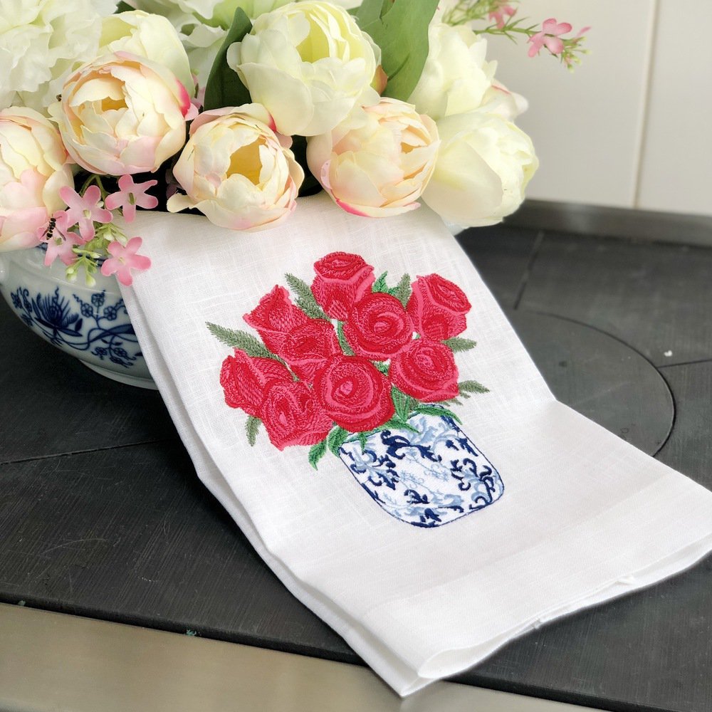 Chinoiserie Roses Pot Linen Guest Towel