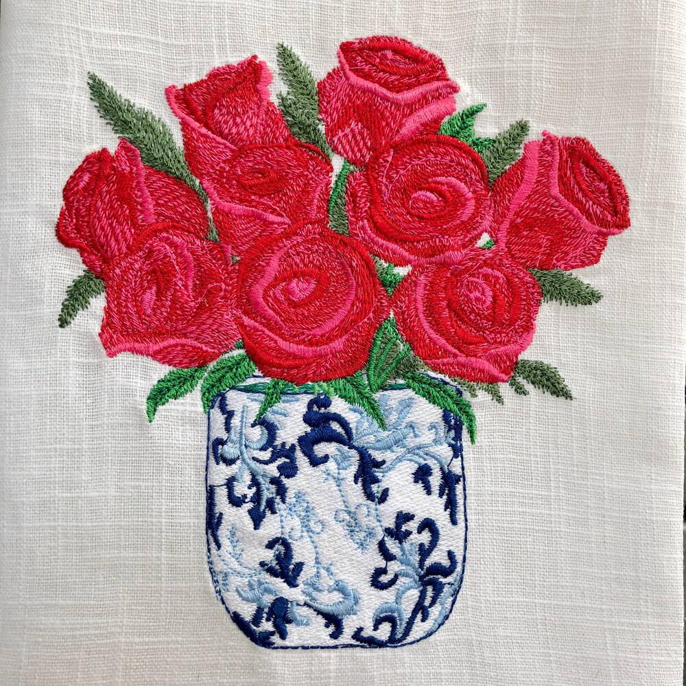 Chinoiserie Roses Pot Linen Guest Towel