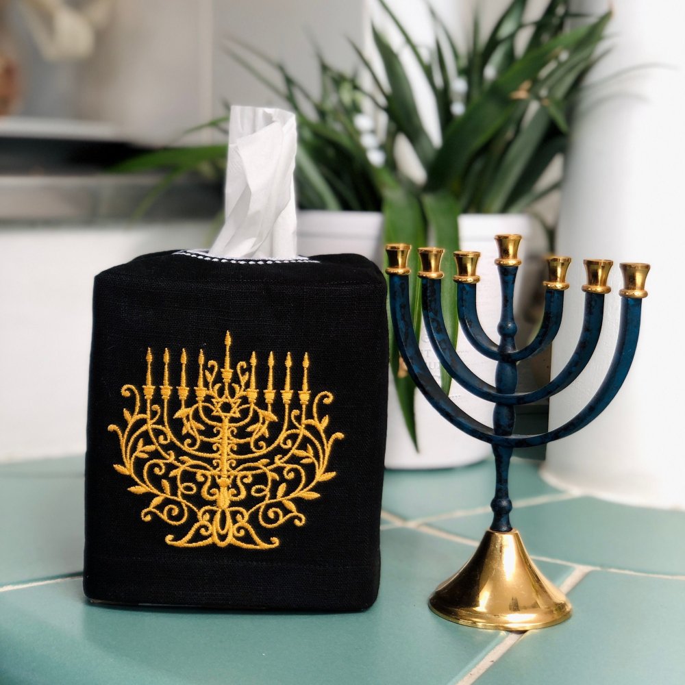 Embroidered Menorah Tissue Box Cover