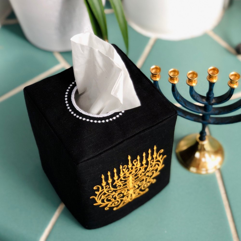 Embroidered Menorah Tissue Box Cover