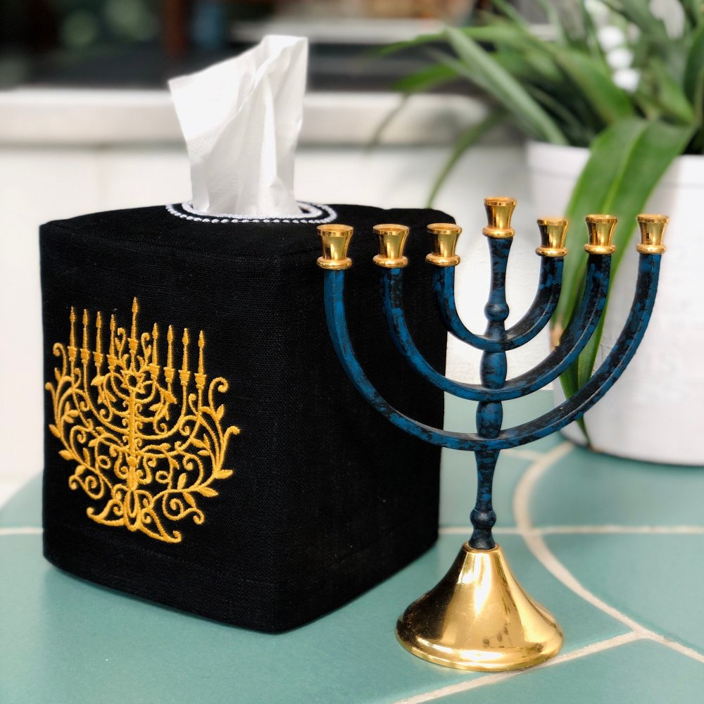 Embroidered Menorah Tissue Box Cover