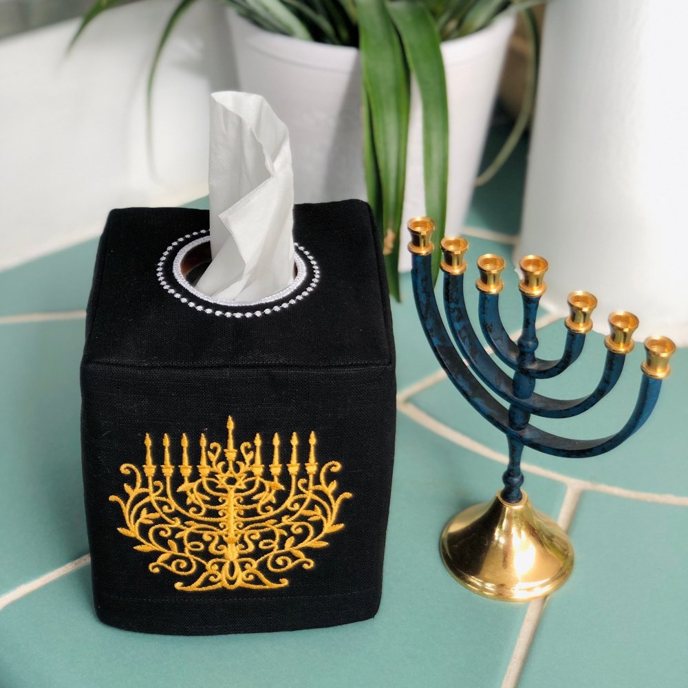 Embroidered Menorah Tissue Box Cover