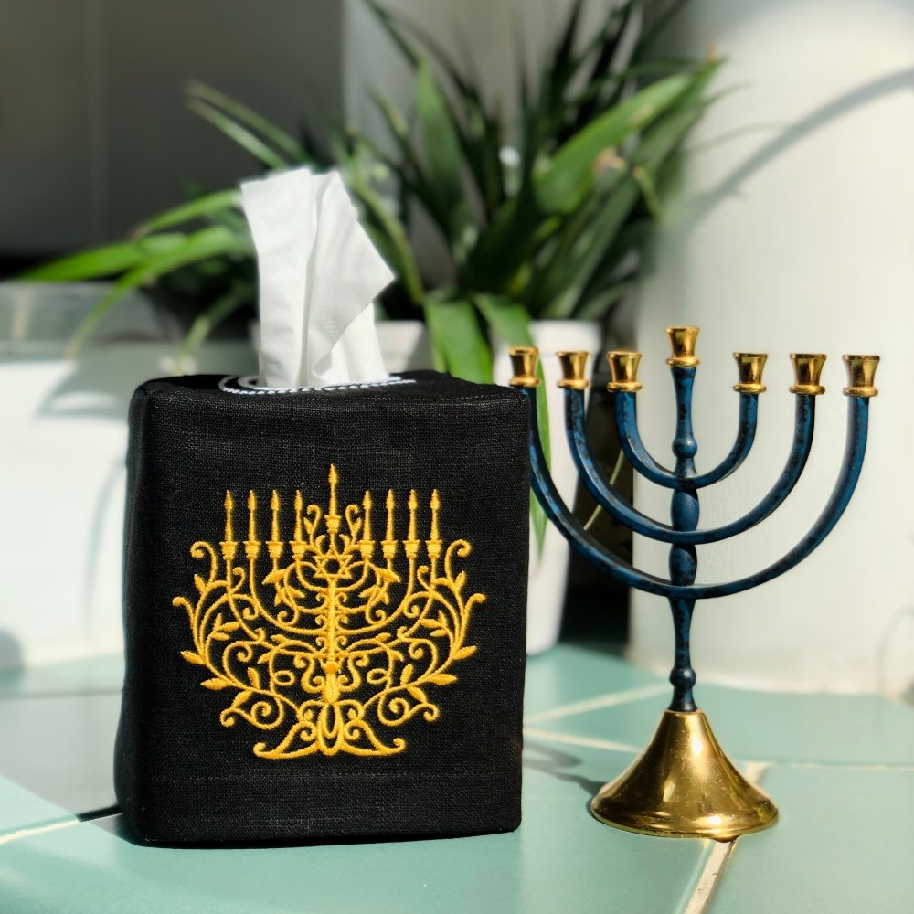 Embroidered Menorah Tissue Box Cover