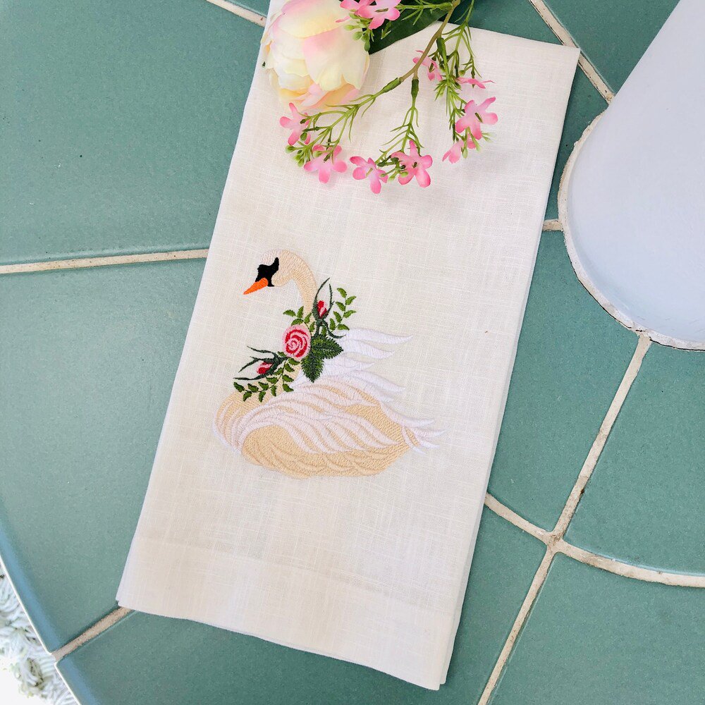 Embroidered Vintage Swan Linen Guest Towel