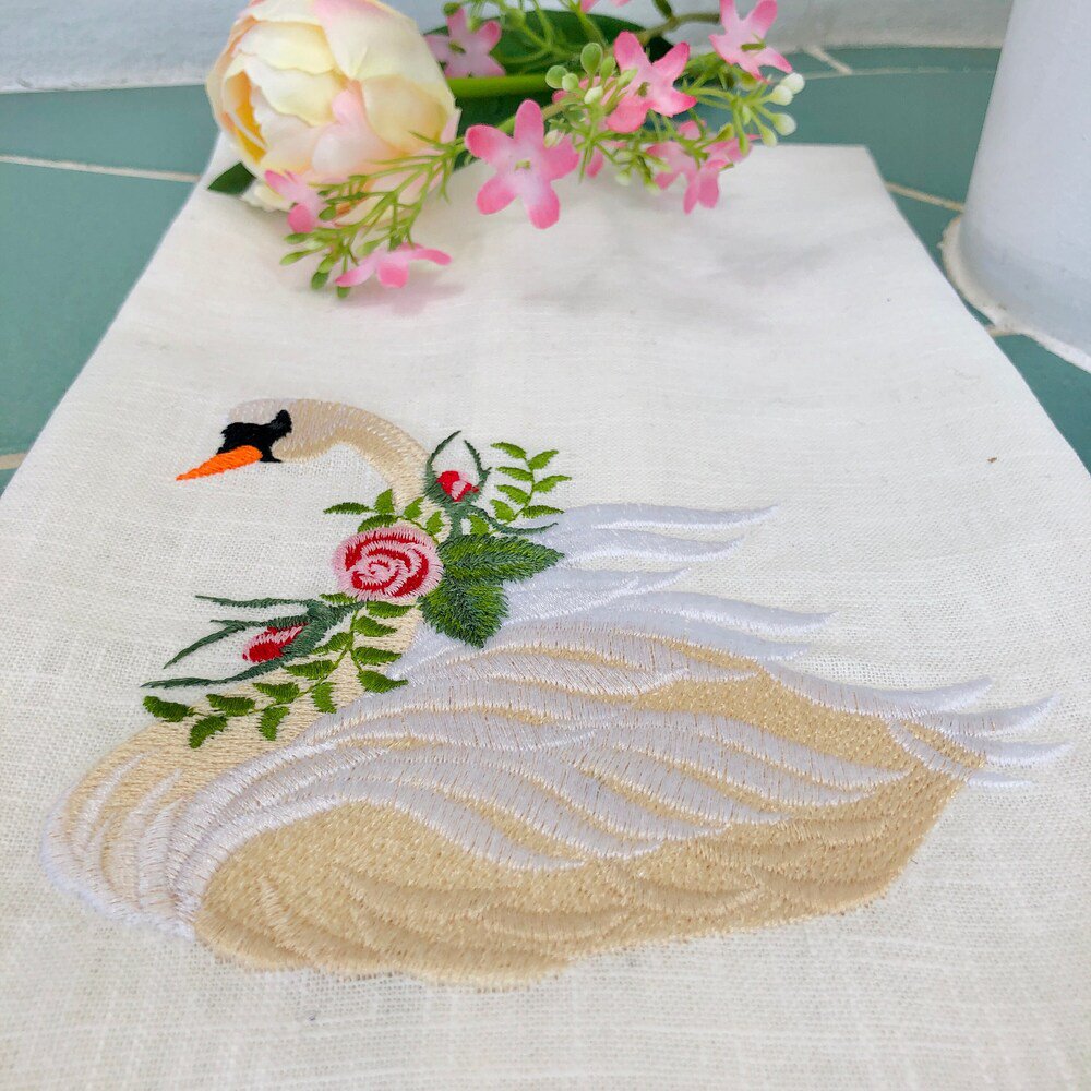 Embroidered Vintage Swan Linen Guest Towel