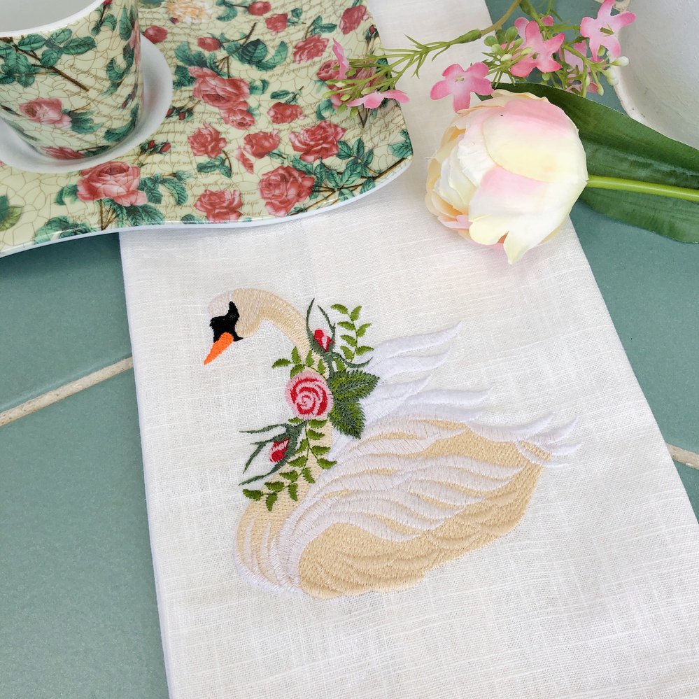 Embroidered Vintage Swan Linen Guest Towel