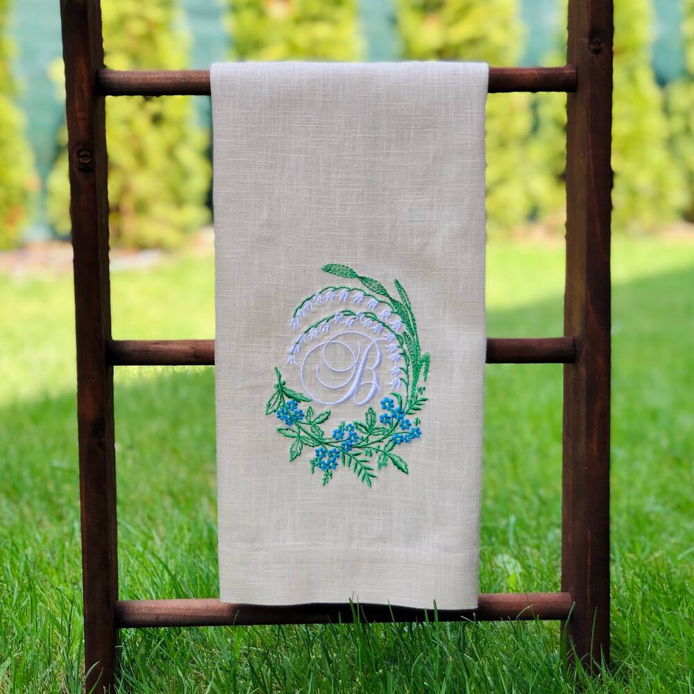 Lily Wreath Monogram Linen Guest Towel