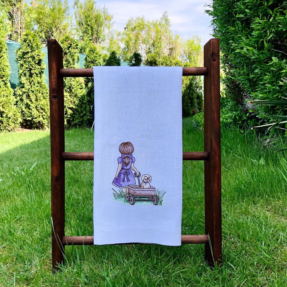 Little Girl and Puppy Linen Guest Towel