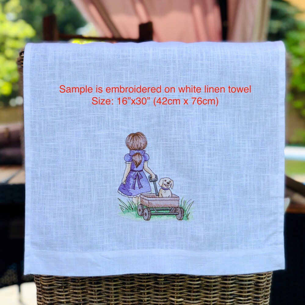 Little Girl and Puppy Linen Guest Towel