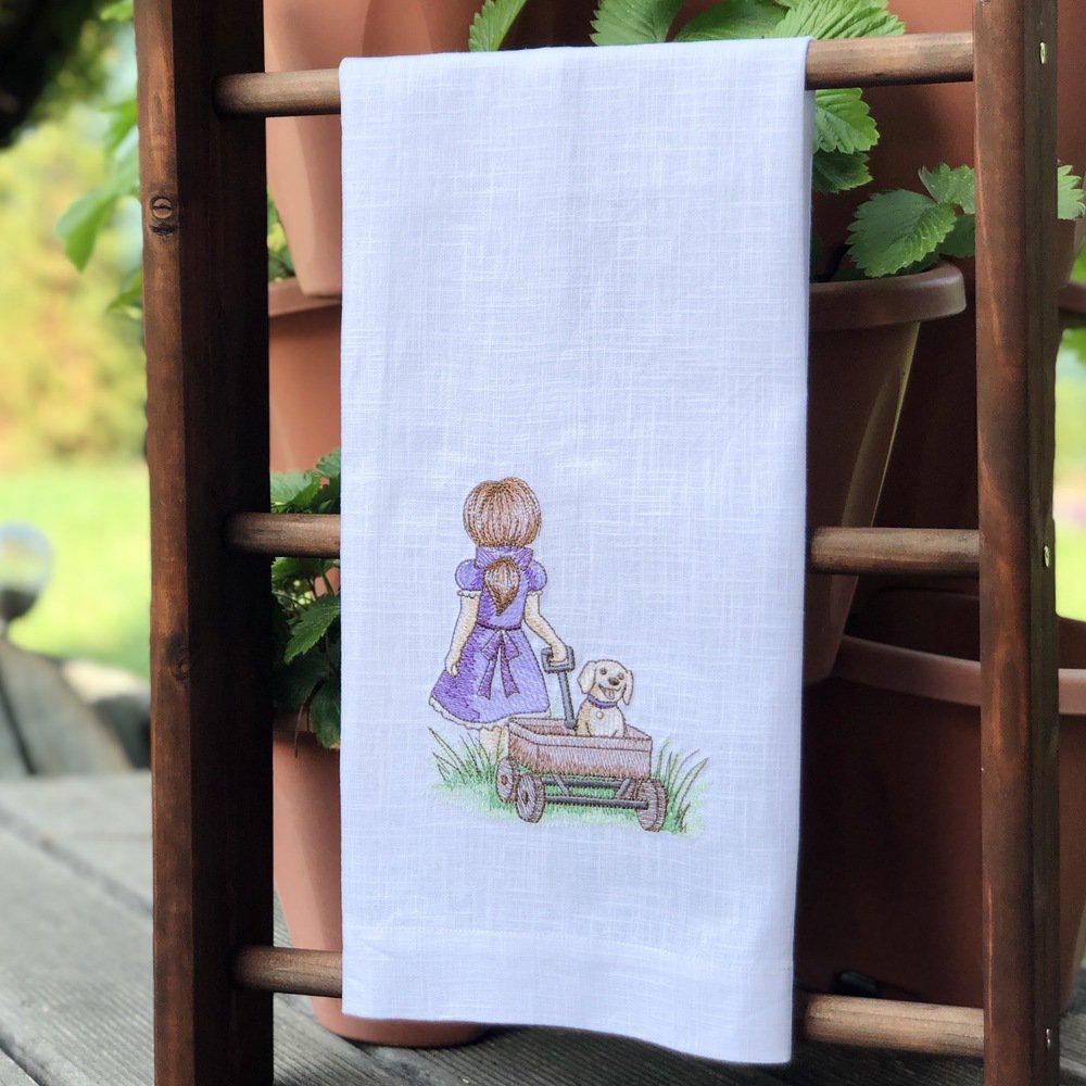 Little Girl and Puppy Linen Guest Towel