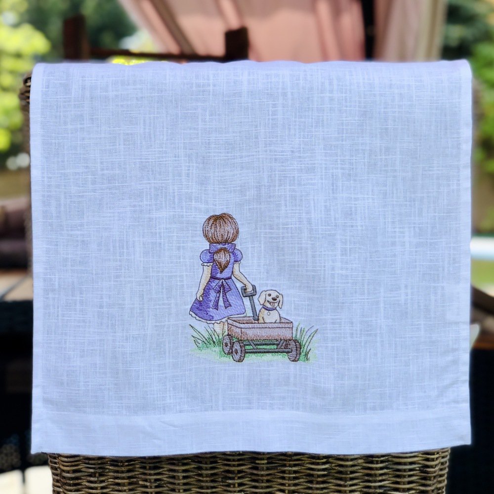 Little Girl and Puppy Linen Guest Towel