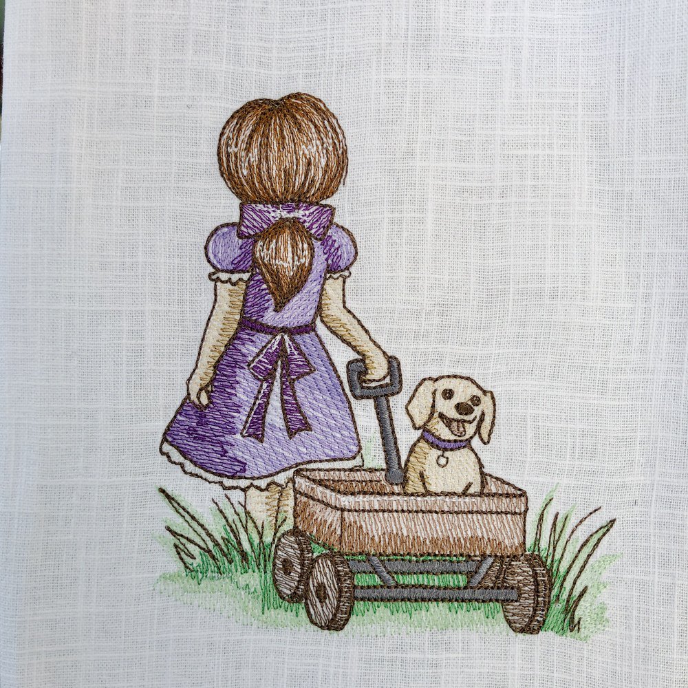 Little Girl and Puppy Linen Guest Towel