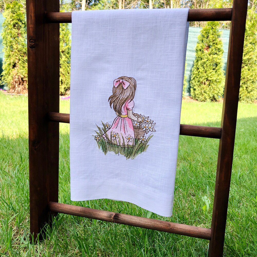 Little Girl Spring Garden Linen Guest Towel