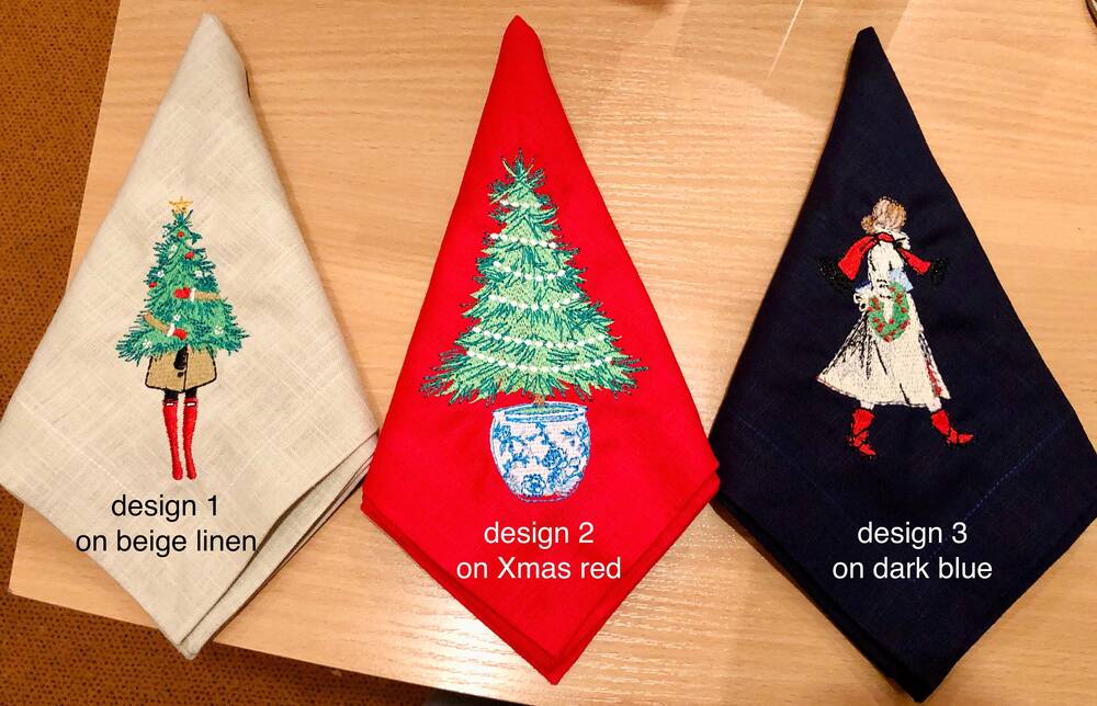 Modern Girl Holding Christmas Tree Linen Napkin