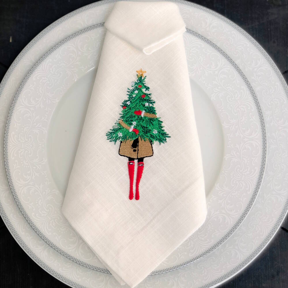 Modern Girl Holding Christmas Tree Linen Napkin