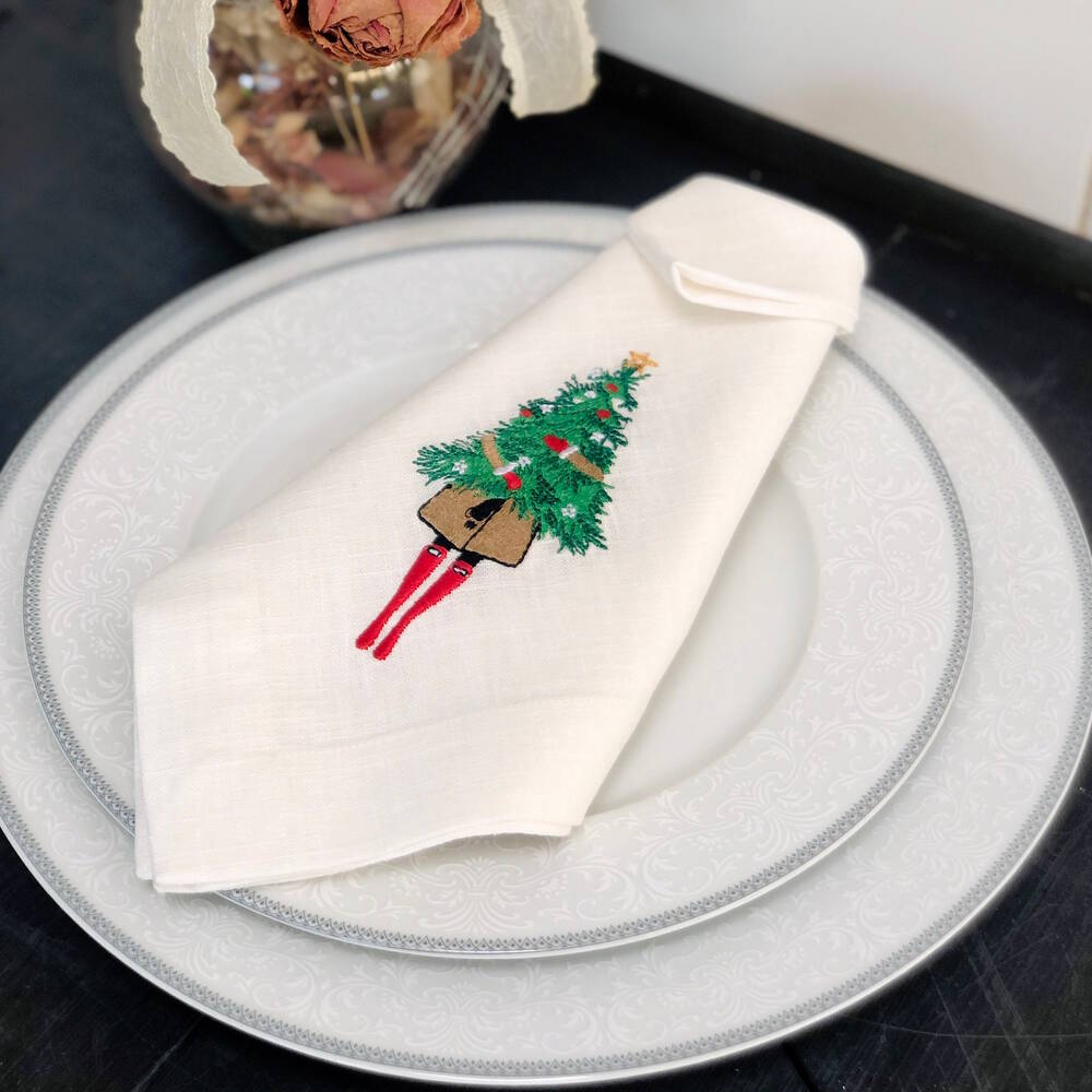 Modern Girl Holding Christmas Tree Linen Napkin