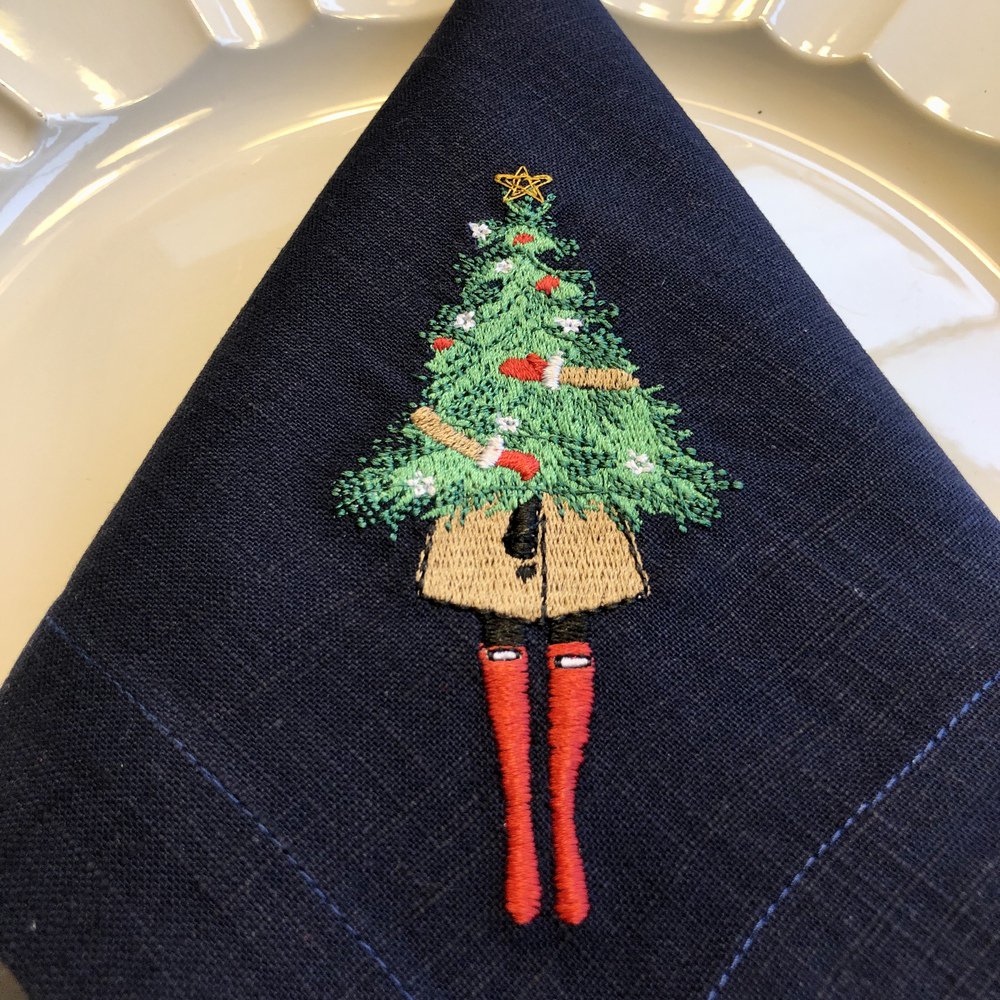 Modern Girl Holding Christmas Tree Linen Napkin