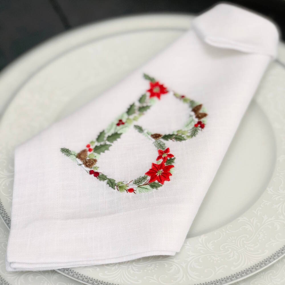 Poinsettia Christmas Monogram Linen Napkin