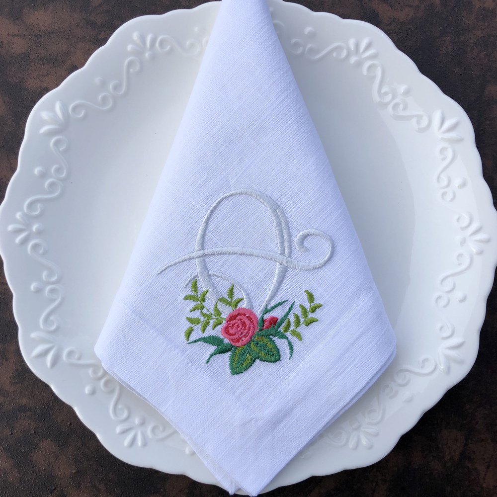 Vintage Rose Monogram Linen Napkin