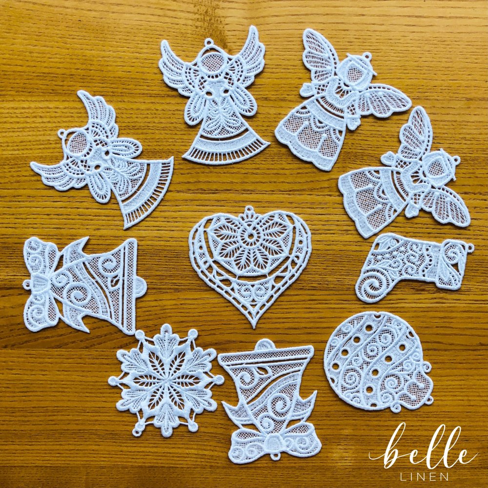 White Christmas Lace Ornaments Set of 10