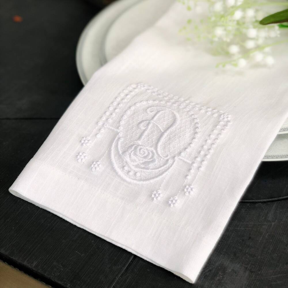 White On White Rose Monogram Linen Napkin