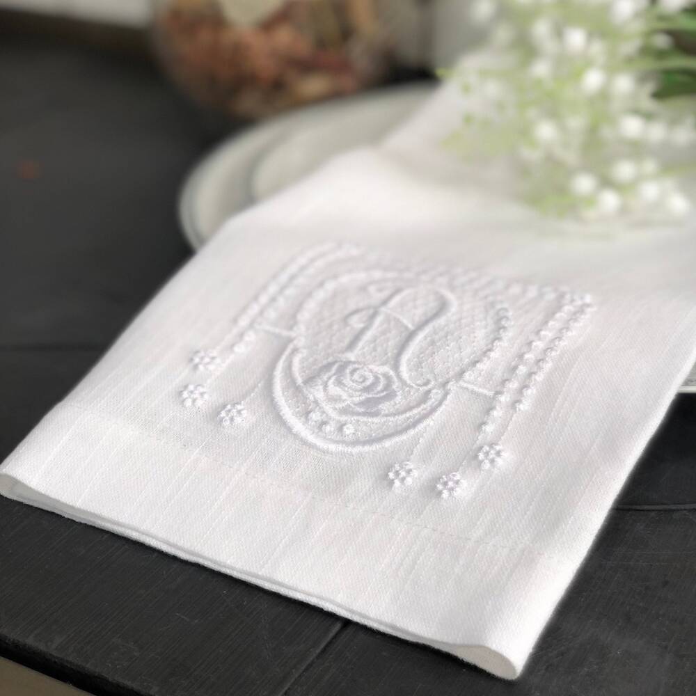 White On White Rose Monogram Linen Napkin