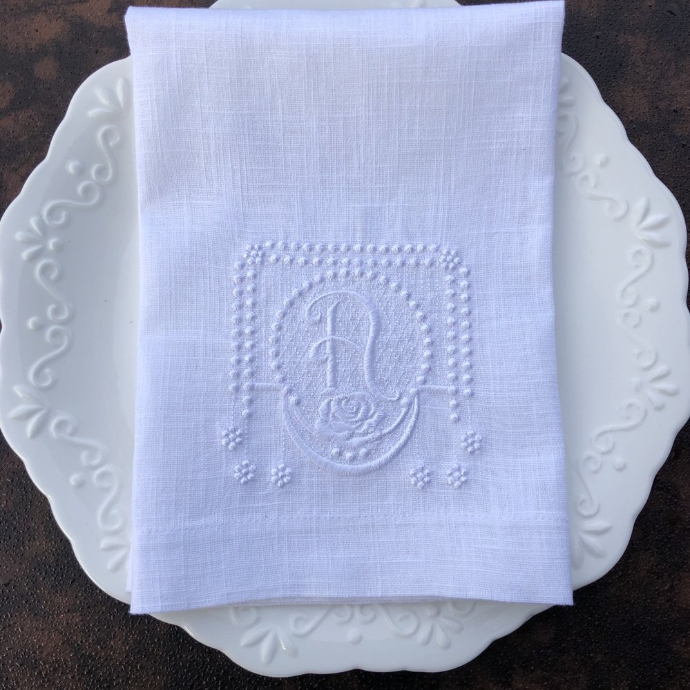 White On White Rose Monogram Linen Napkin