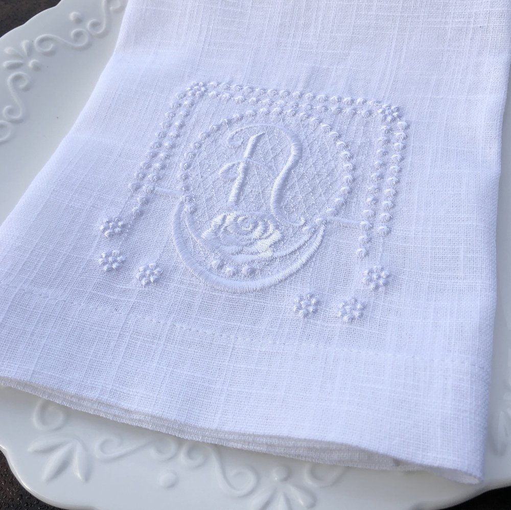 White On White Rose Monogram Linen Napkin