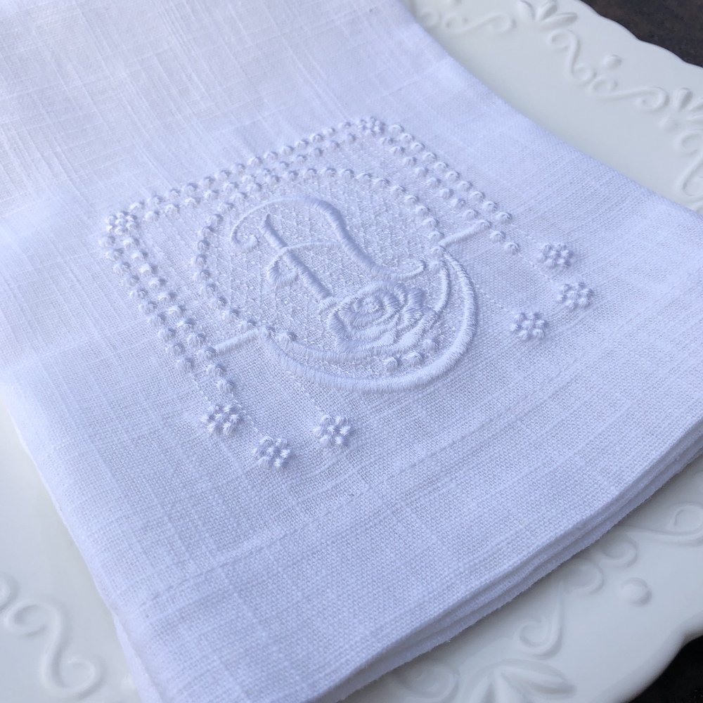 White On White Rose Monogram Linen Napkin