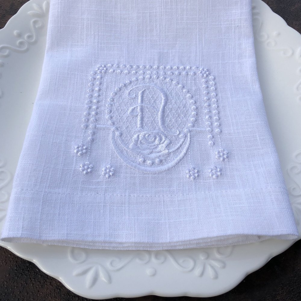 White On White Rose Monogram Linen Napkin