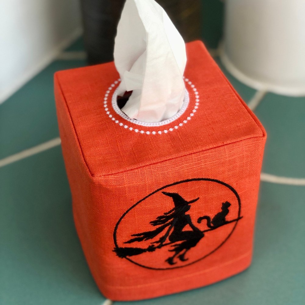 Witch on Flying Broom Tissue Box Cover