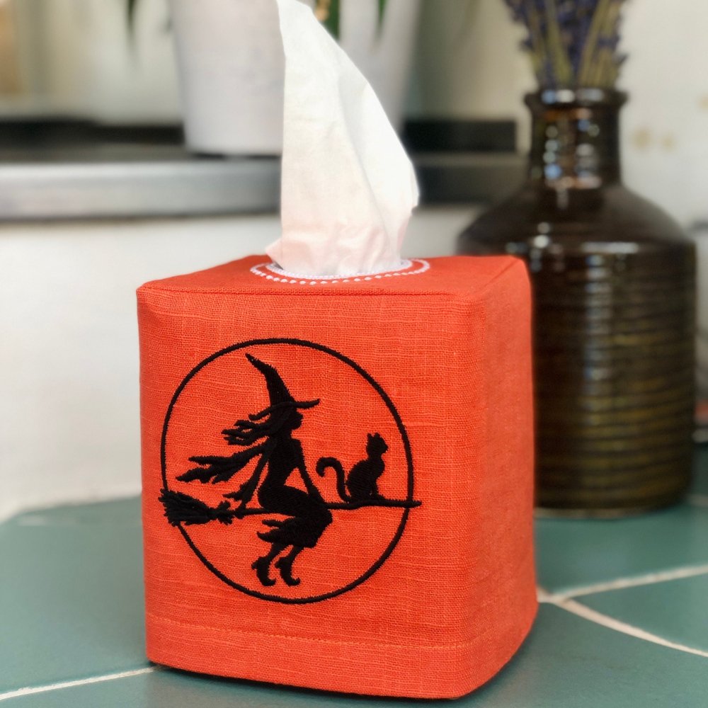 Witch on Flying Broom Tissue Box Cover