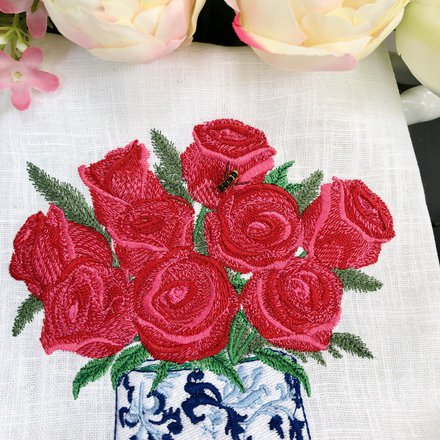 Chinoiserie Roses Pot Linen Guest Towel