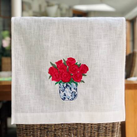 Chinoiserie Roses Pot Linen Guest Towel