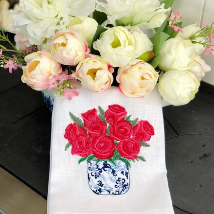 Chinoiserie Roses Pot Linen Guest Towel