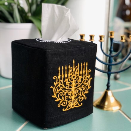 Embroidered Menorah Tissue Box Cover