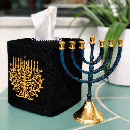Embroidered Menorah Tissue Box Cover