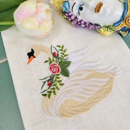 Embroidered Vintage Swan Linen Guest Towel