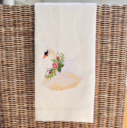 Embroidered Vintage Swan Linen Guest Towel