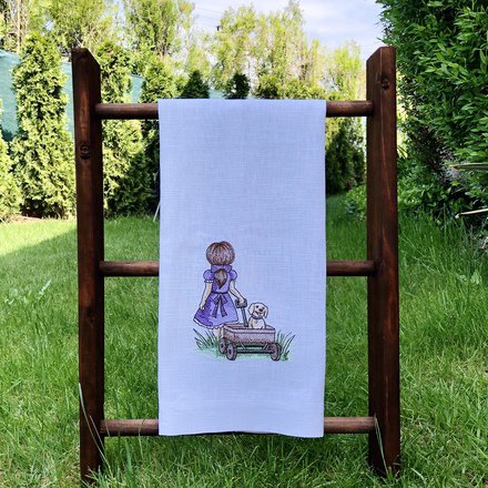 Little Girl and Puppy Linen Guest Towel