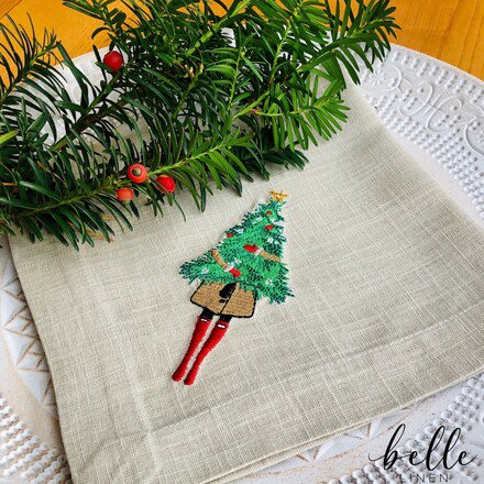 Modern Girl Holding Christmas Tree Linen Napkin