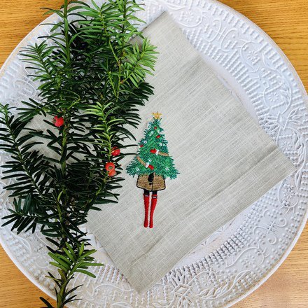 Modern Girl Holding Christmas Tree Linen Napkin