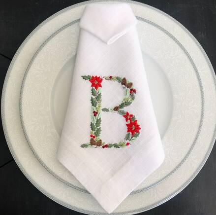 Poinsettia Christmas Monogram Linen Napkin