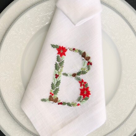 Poinsettia Christmas Monogram Linen Napkin