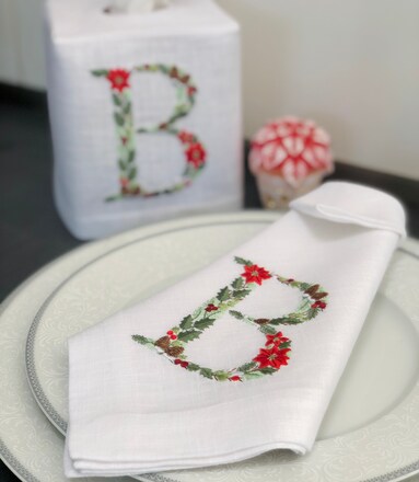 Poinsettia Christmas Monogram Linen Napkin