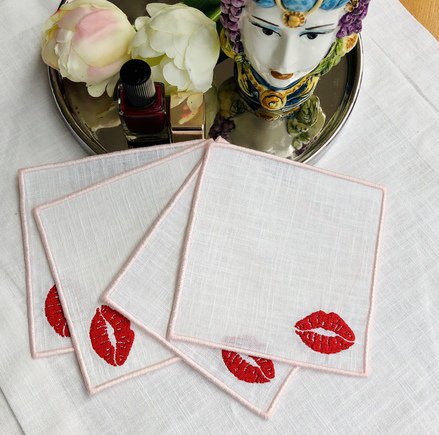 Red Lips Linen Cocktail Napkins Set of 4