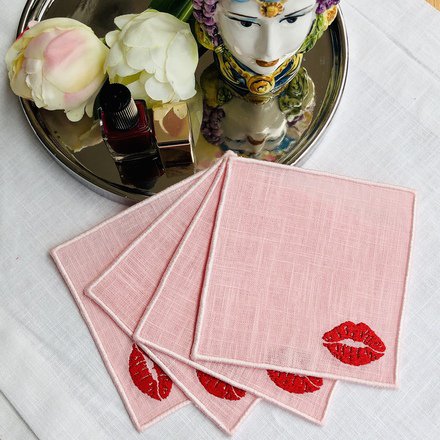 Red Lips Linen Cocktail Napkins Set of 4