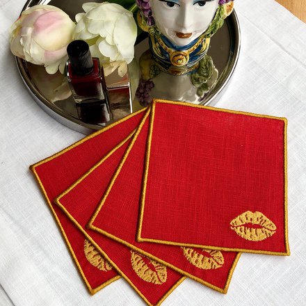 Red Lips Linen Cocktail Napkins Set of 4