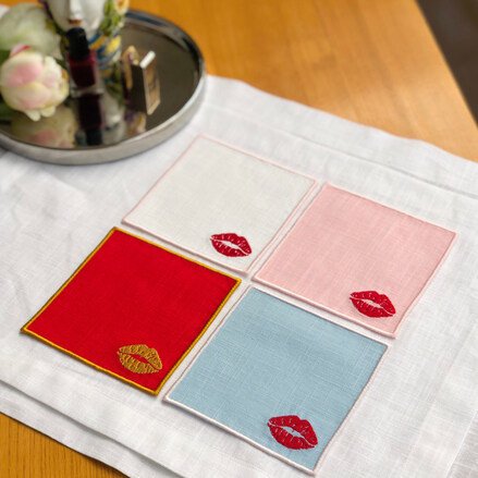 Red Lips Linen Cocktail Napkins Set of 4