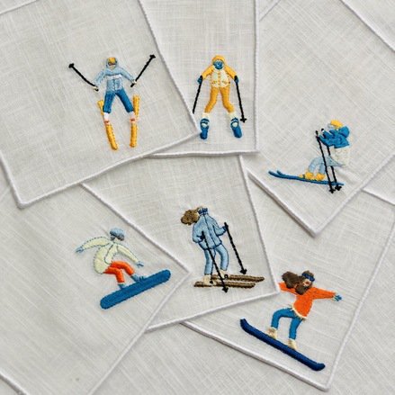 Skiing Linen Cocktail Napkins Set of 6